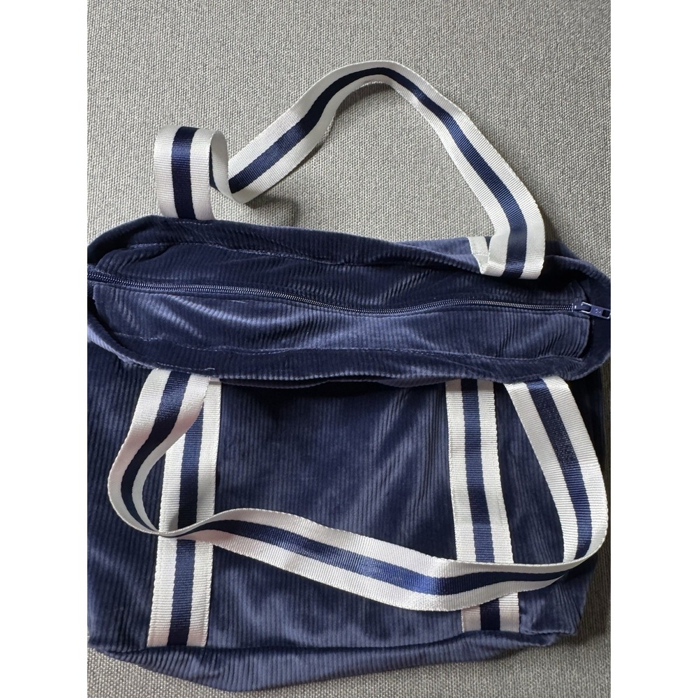 Women's Blue Solid Tote Bag White/Blue Striped Canvas Double Handles - Picture 7 of 9